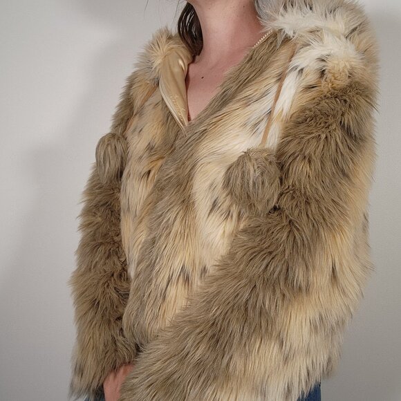 Vintage Jackets & Blazers - Vintage 90s Nine West Faux Fur Hooded Jacket Brown Spotted  Y2K Mob Wife Glam M